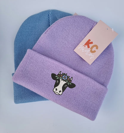 Beautiful Floral Cow Embroidered Beanie - Free Delivery - More Colours - Embroidery - Farm Animal - Flowers Headband