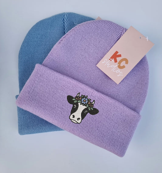 Beautiful Floral Cow Embroidered Beanie - Free Delivery - More Colours - Embroidery - Farm Animal - Flowers Headband