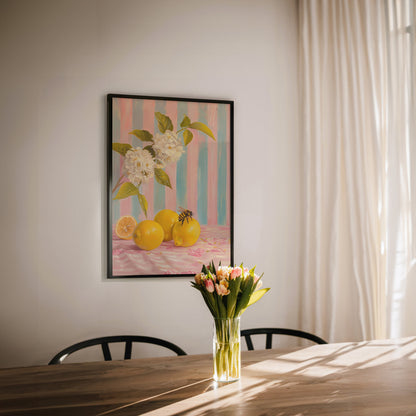 Lemons And Bumble Bee Kitchen Print, Mediterranean Poster, Kitchen Wall Art, Farmhouse Country Aesthetic Print, Summer Citrus Fruit Flowers