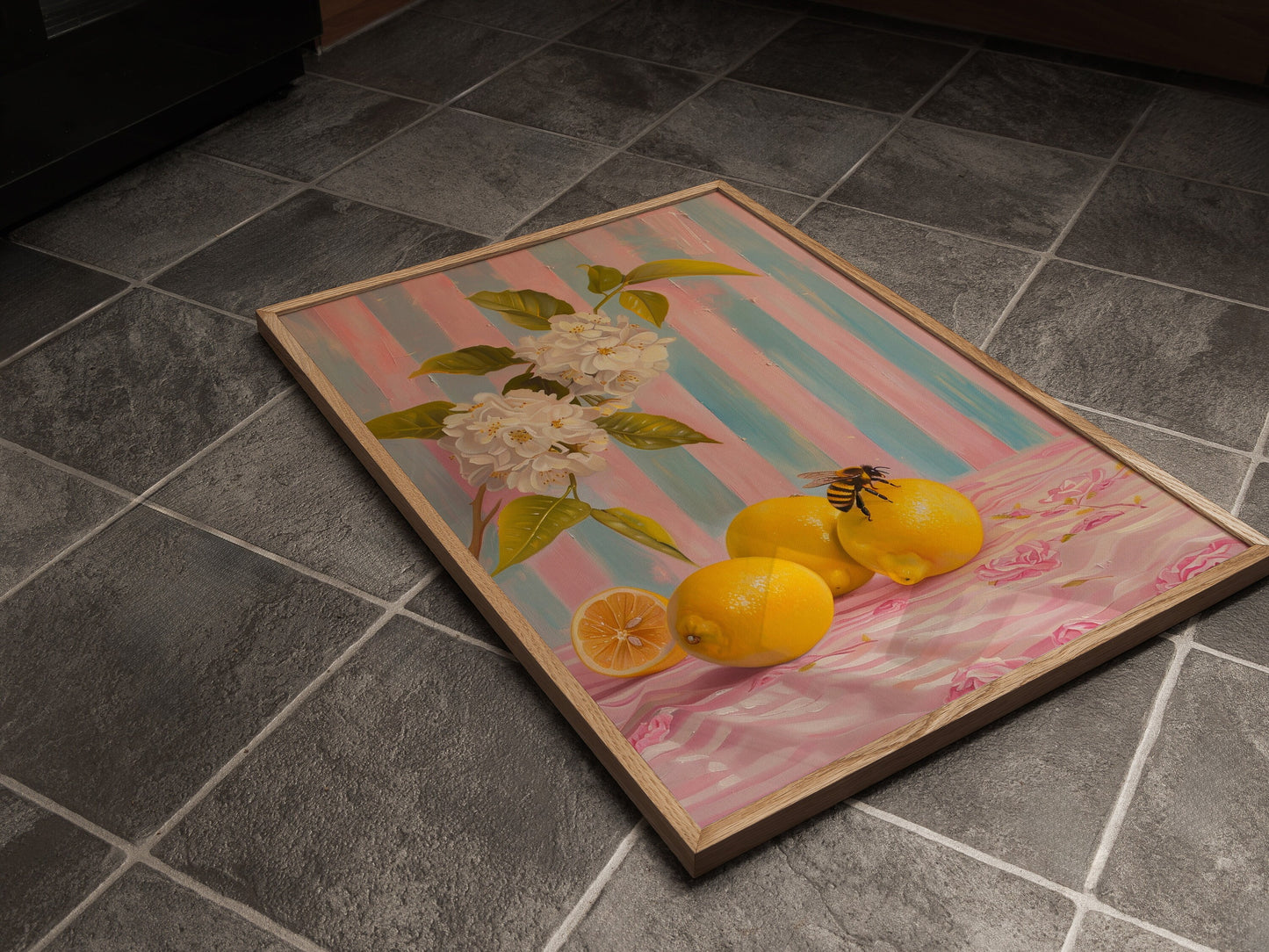 Lemons And Bumble Bee Kitchen Print, Mediterranean Poster, Kitchen Wall Art, Farmhouse Country Aesthetic Print, Summer Citrus Fruit Flowers