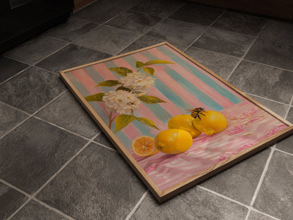 Lemons And Bumble Bee Kitchen Print, Mediterranean Poster, Kitchen Wall Art, Farmhouse Country Aesthetic Print, Summer Citrus Fruit Flowers