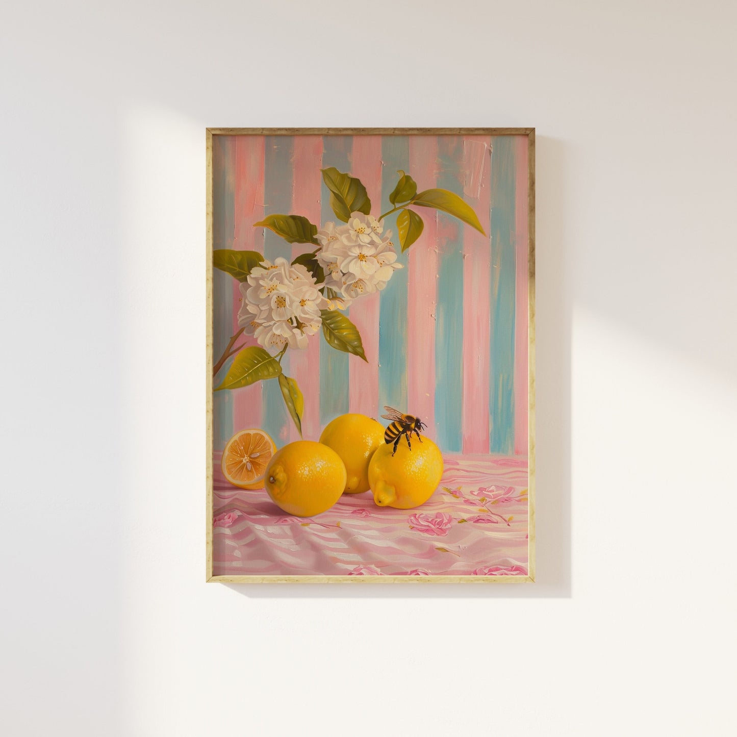 Lemons And Bumble Bee Kitchen Print, Mediterranean Poster, Kitchen Wall Art, Farmhouse Country Aesthetic Print, Summer Citrus Fruit Flowers