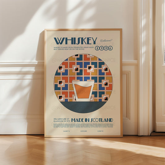Whiskey Print, Cocktail Art, Kitchen Art, Kitchen Poser, Drinks Poster, Kitchen Decor, Cocktail Poster, Mid Century Modern, Illustration