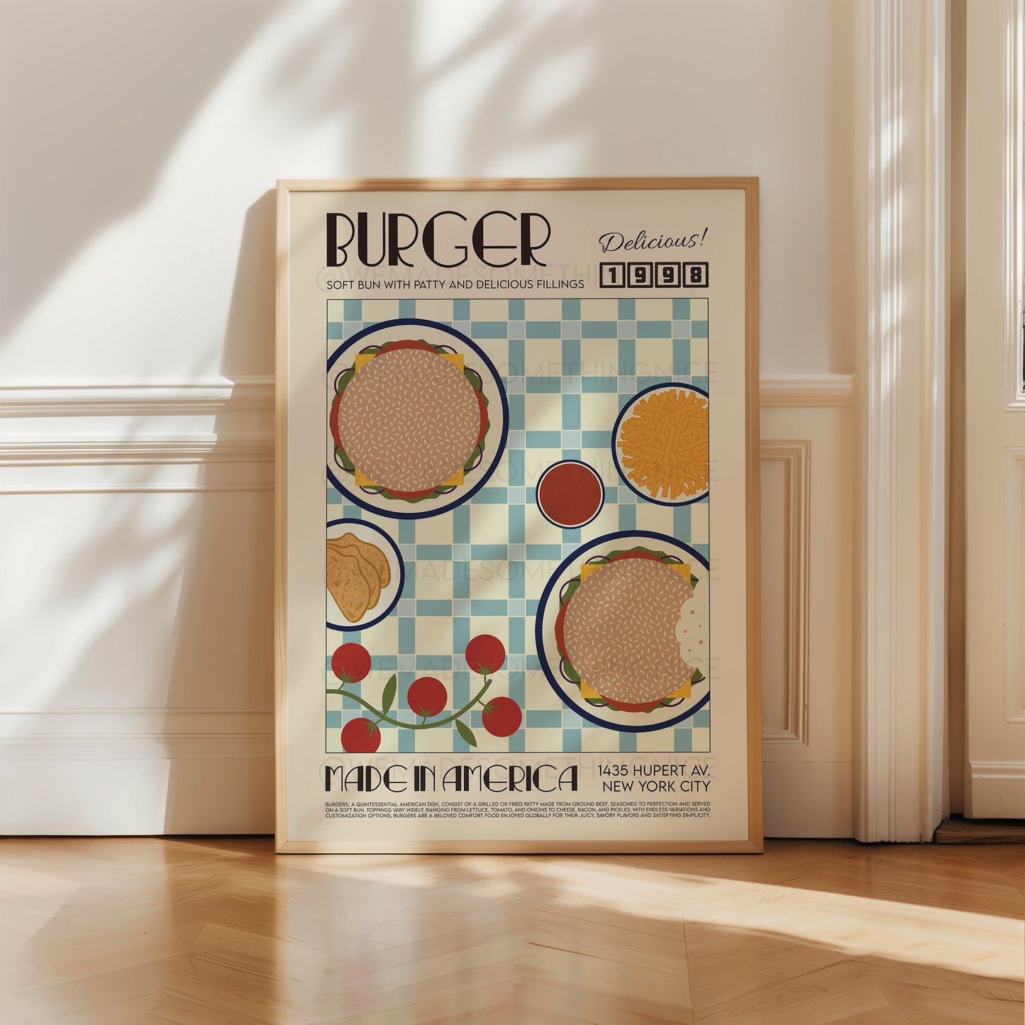 Burger Poster, Kitchen Poster, Kitchen Print, Food Poster, Modern Kitchen Decor, Illustration, America, Kitchen Art, Retro Wall Art