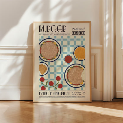 Burger Poster, Kitchen Poster, Kitchen Print, Food Poster, Modern Kitchen Decor, Illustration, America, Kitchen Art, Retro Wall Art