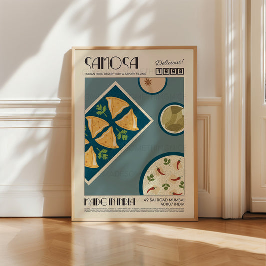 Samosa Poster, Kitchen Art, Food Illustration, Food Print, Modern Kitchen Decor, Travel Poster,  Kitchen Poster, Retro Wall Art, India Print