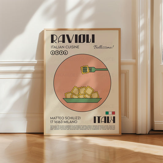 Ravioli Poster, Pasta Poster, Kitchen Poster, Kitchen Print, Retro Wall Art, Modern Kitchen Decor, Illustration, Kitchen Art, Chef Print