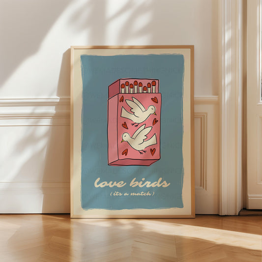 Love Birds Poster, Matchbox Poster, Trendy Wall Art, Apartment Decor, Retro Wall Art, Coquette Room Decor, Pink Wall Art, Pink Bow Print