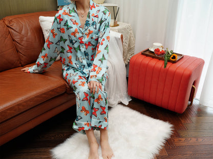 Exotic Butterfly Print Satin Long Pyjama Set, Bride And Bridesmaids Pajama, Pajama Set For Women ,  Gift For Her