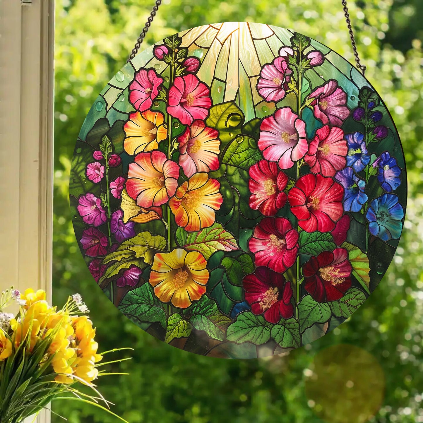 Hollyhocks: Stained Glass Style Window Hanging