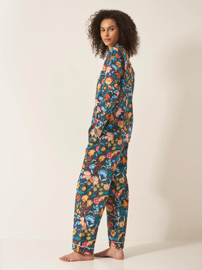 Florals on Navy Women’s Pyjama Trouser Set | Organic Cotton Long Sleeve PJs | Elegant Floral Print Sleepwear Gift for Her