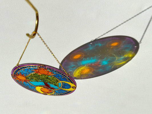 Symbols Tree of life Sun Moon Shine Suncatcher for window Zodiac gift Gold living room decor Stained glass painting