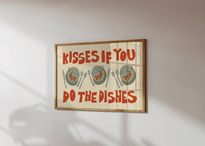 Kisses If You Do The Dishes Poster, Trendy Wall Art, Maximalist Wall Art, Apartment Decor, Retro Wall Art, Kitchen Print, Sketch