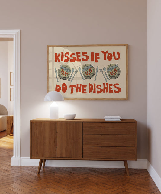 Kisses If You Do The Dishes Poster, Trendy Wall Art, Maximalist Wall Art, Apartment Decor, Retro Wall Art, Kitchen Print, Sketch