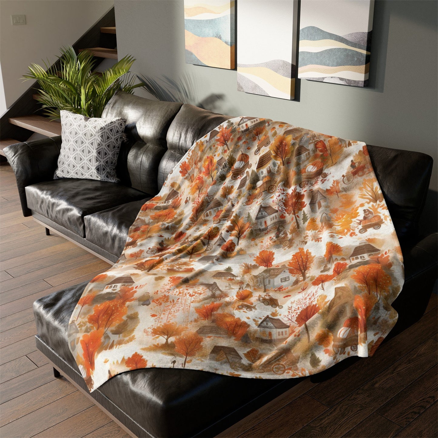 Fall Village Blanket Fall Home Decor Thanksgiving Throw Harvest Season Fleece Blanket Pumpkins Bedding Autumn Leaves Tree Lover Gift for Mom
