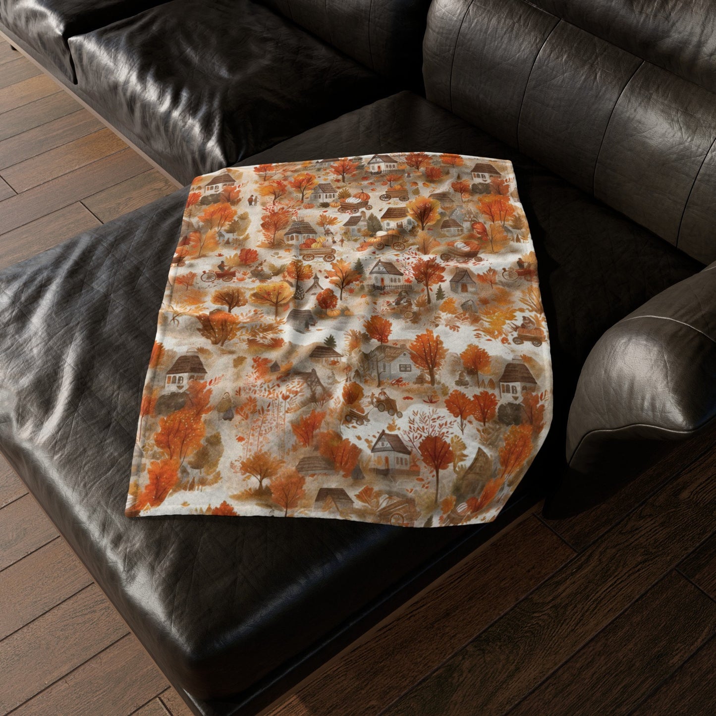 Fall Village Blanket Fall Home Decor Thanksgiving Throw Harvest Season Fleece Blanket Pumpkins Bedding Autumn Leaves Tree Lover Gift for Mom