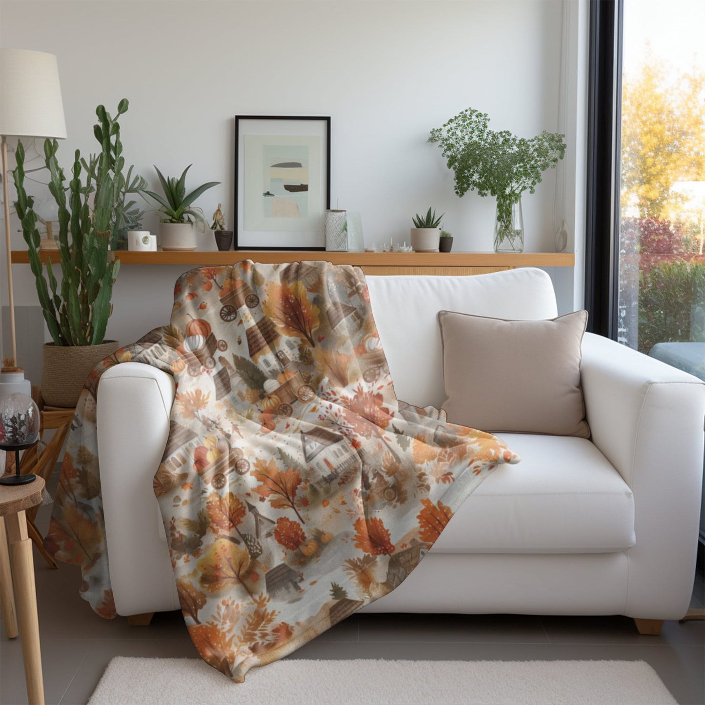 Fall Village Blanket Fall Home Decor Thanksgiving Throw Harvest Season Fleece Blanket Pumpkins Bedding Autumn Leaves Tree Lover Gift for Mom