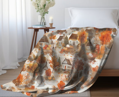 Fall Village Blanket Fall Home Decor Thanksgiving Throw Harvest Season Fleece Blanket Pumpkins Bedding Autumn Leaves Tree Lover Gift for Mom