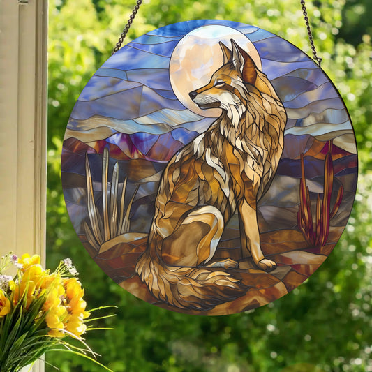 Coyote Moon: Stained Glass Style Window Hanging