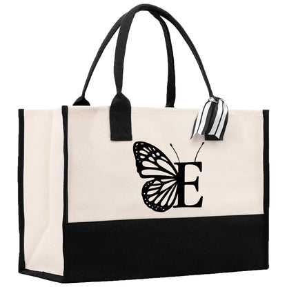 Butterfly Monogram Beach Canvas Tote Bag Initial Tote Bag Letter Tote Bag Birthday Gift Personalized Beach Tote Bag (SWT1001)