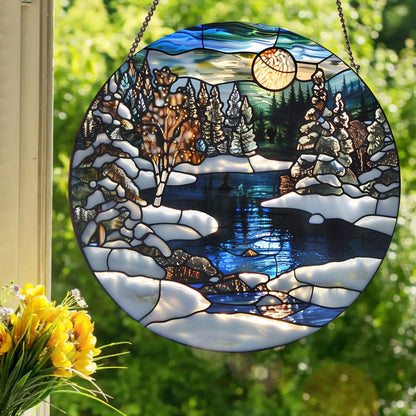 Quiet Snowy Creek: Stained Glass Style Window Hanging