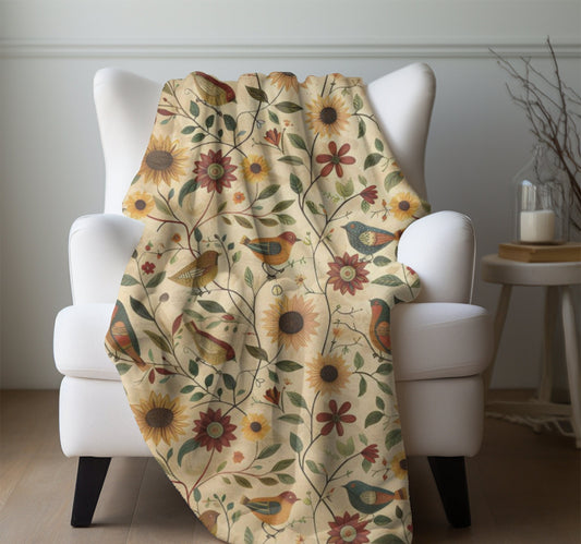 Floral Birds Blanket Floral Home Decor Whimsical Birds Fleece Blanket Cottagecore Throw Bird Flower Lover Gift Birdwatchers Cozy Lap Blanket