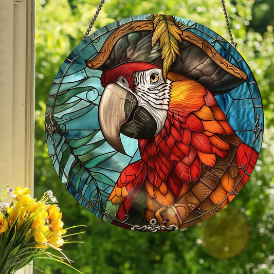 Captain Macaw: Stained Glass Style Window Hanging Made With Real Glass
