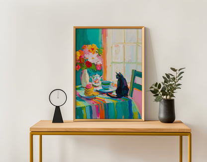 Black Cat at Breakfast Table Print Kitchen Abstract Painting Vibrant Coffee Color Kitchen Poster Matisse Styled Artwork