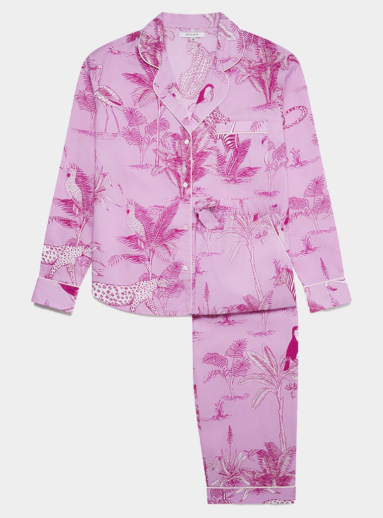 Pink Botanical Jungle Women’s Pyjama Trouser Set | Organic Cotton Long Sleeve PJs | Tropical Leaf Print Sleepwear Gift for Her