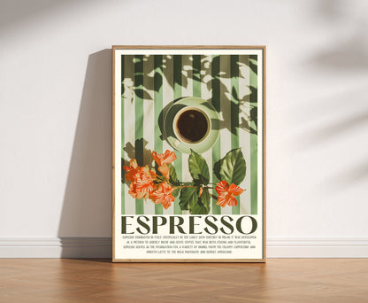 Espresso Coffee Print, Retro Vintage Kitchen Poster, Italian Coffee Art, Aesthetic Coffee Poster, Coffee Cup On Table, Cafe Art, 70s 80s 90s