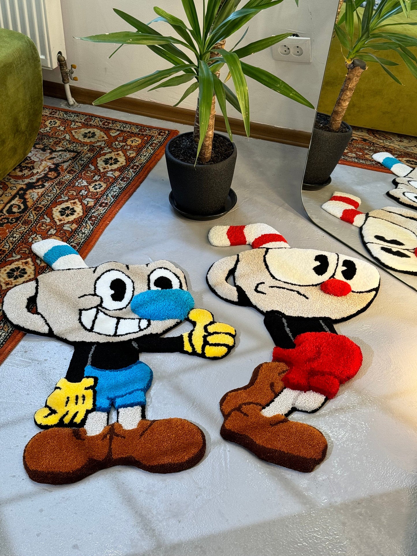 Couple Tufted Characters 3D Rug, Cute Cups Rug, Stylish Rug, Handmade floor art, Fluffy tufted Rug, Videogame rug