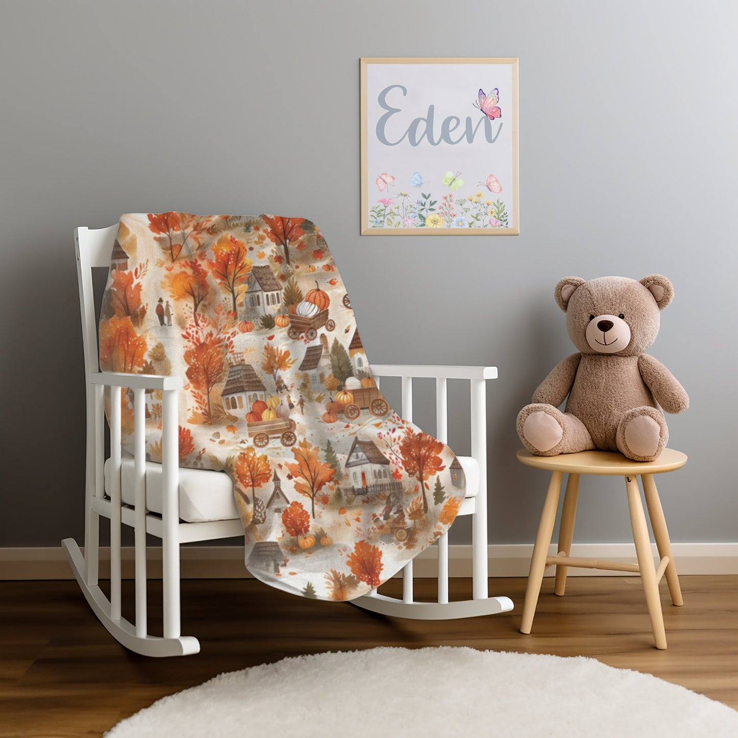 Fall Village Blanket Fall Home Decor Thanksgiving Throw Harvest Season Fleece Blanket Pumpkins Bedding Autumn Leaves Tree Lover Gift for Mom