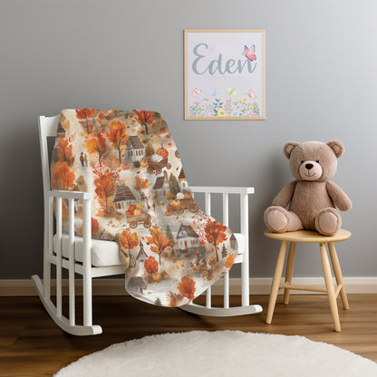 Fall Village Blanket Fall Home Decor Thanksgiving Throw Harvest Season Fleece Blanket Pumpkins Bedding Autumn Leaves Tree Lover Gift for Mom