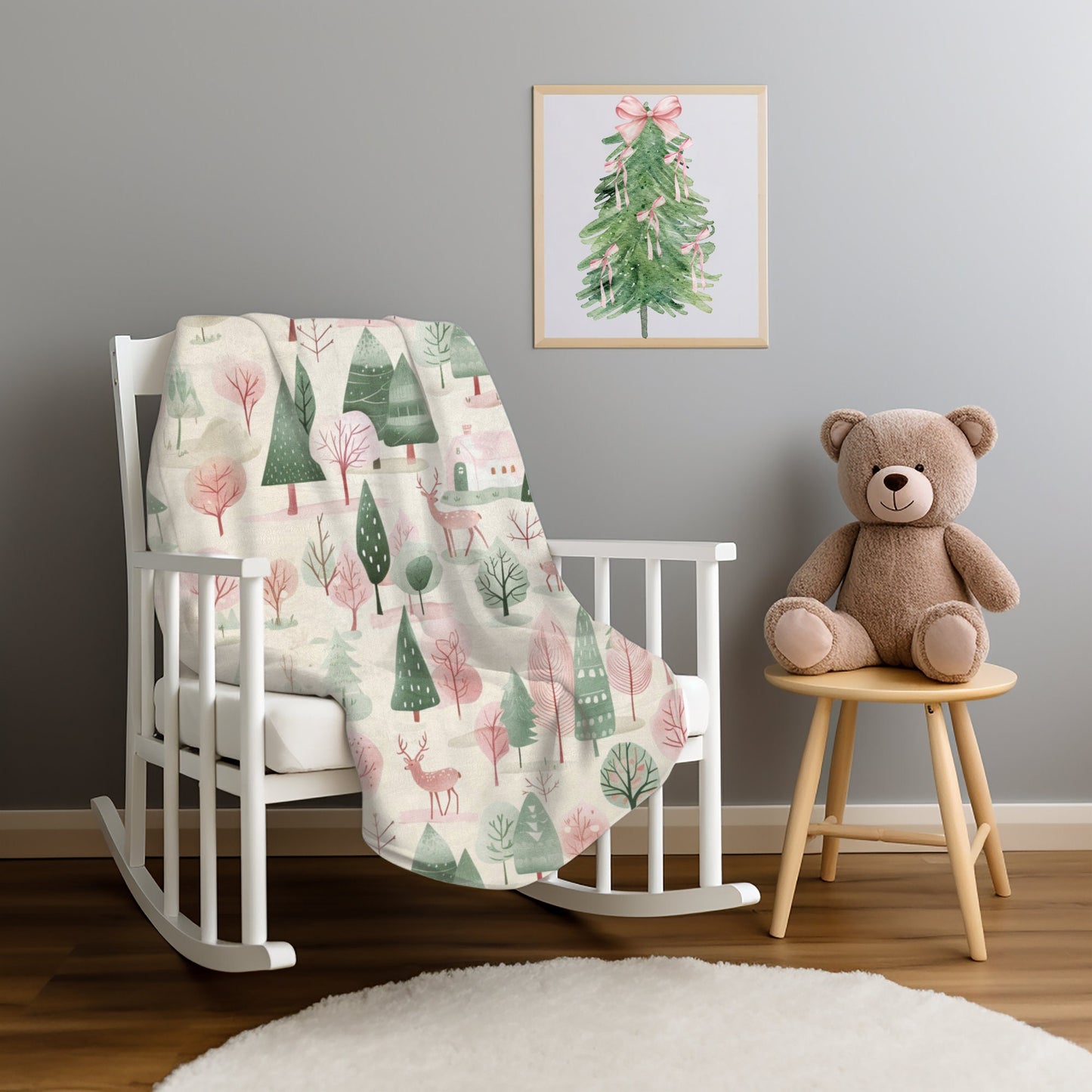 Christmas Blanket Pink Christmas Home Decor Winter Decor Forest Woodland Fleece Throw Pastel Christmas Bedding Gift for Family Friends Host