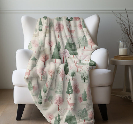 Christmas Blanket Pink Christmas Home Decor Winter Decor Forest Woodland Fleece Throw Pastel Christmas Bedding Gift for Family Friends Host
