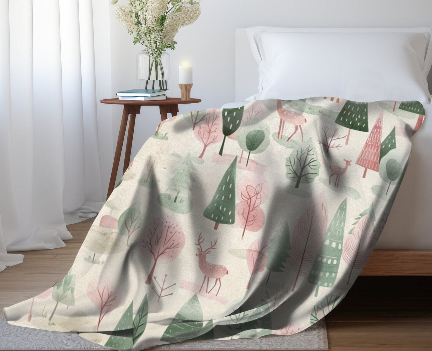 Christmas Blanket Pink Christmas Home Decor Winter Decor Forest Woodland Fleece Throw Pastel Christmas Bedding Gift for Family Friends Host