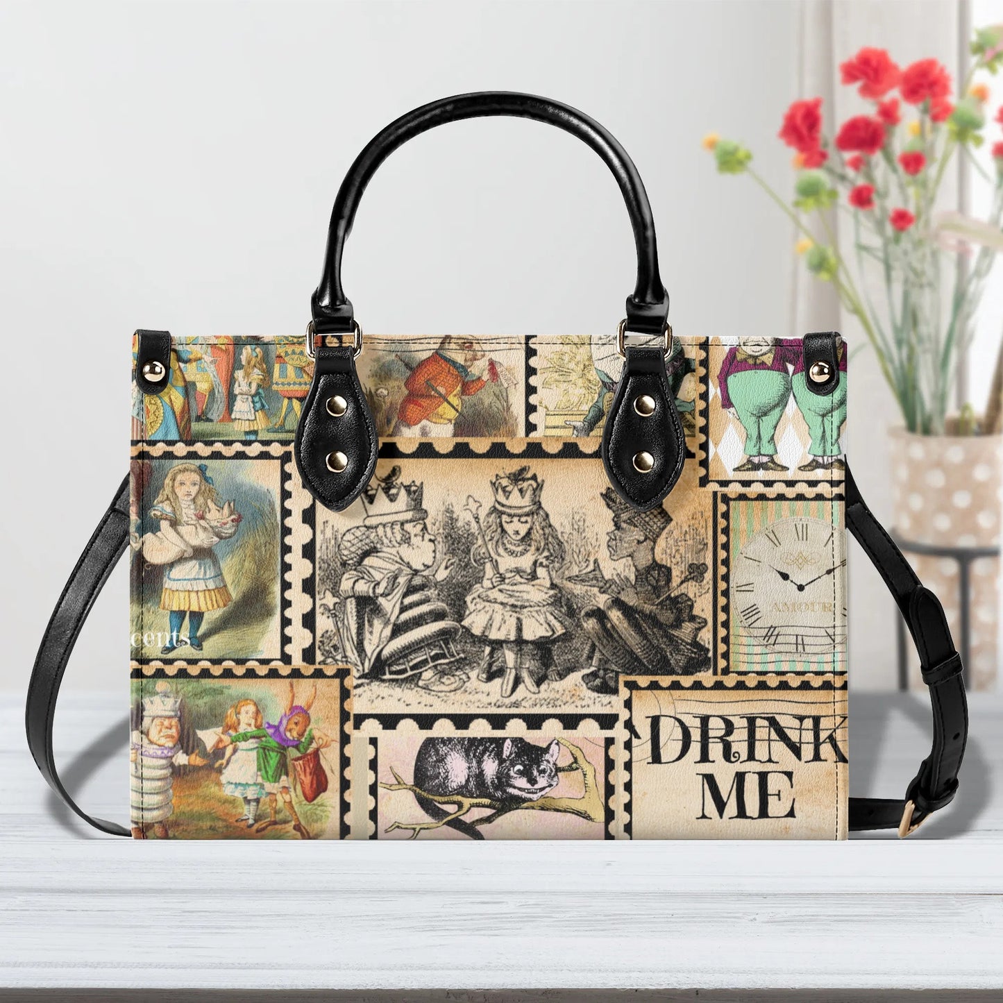 Alice in Wonderland Vintage Stamp Handbag. Womans leather purse. Vintage handbag. Gift for her, Gift for Friend. Leather handbag.