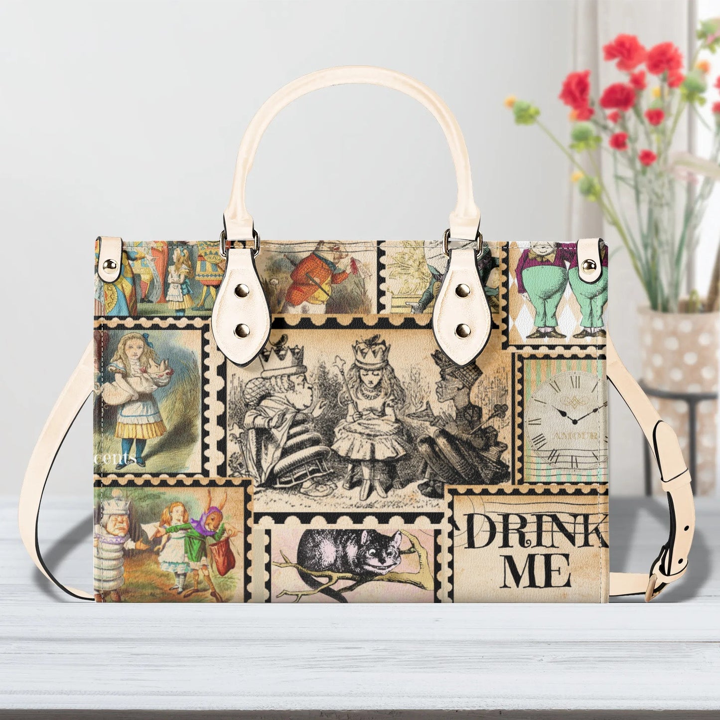 Alice in Wonderland Vintage Stamp Handbag. Womans leather purse. Vintage handbag. Gift for her, Gift for Friend. Leather handbag.