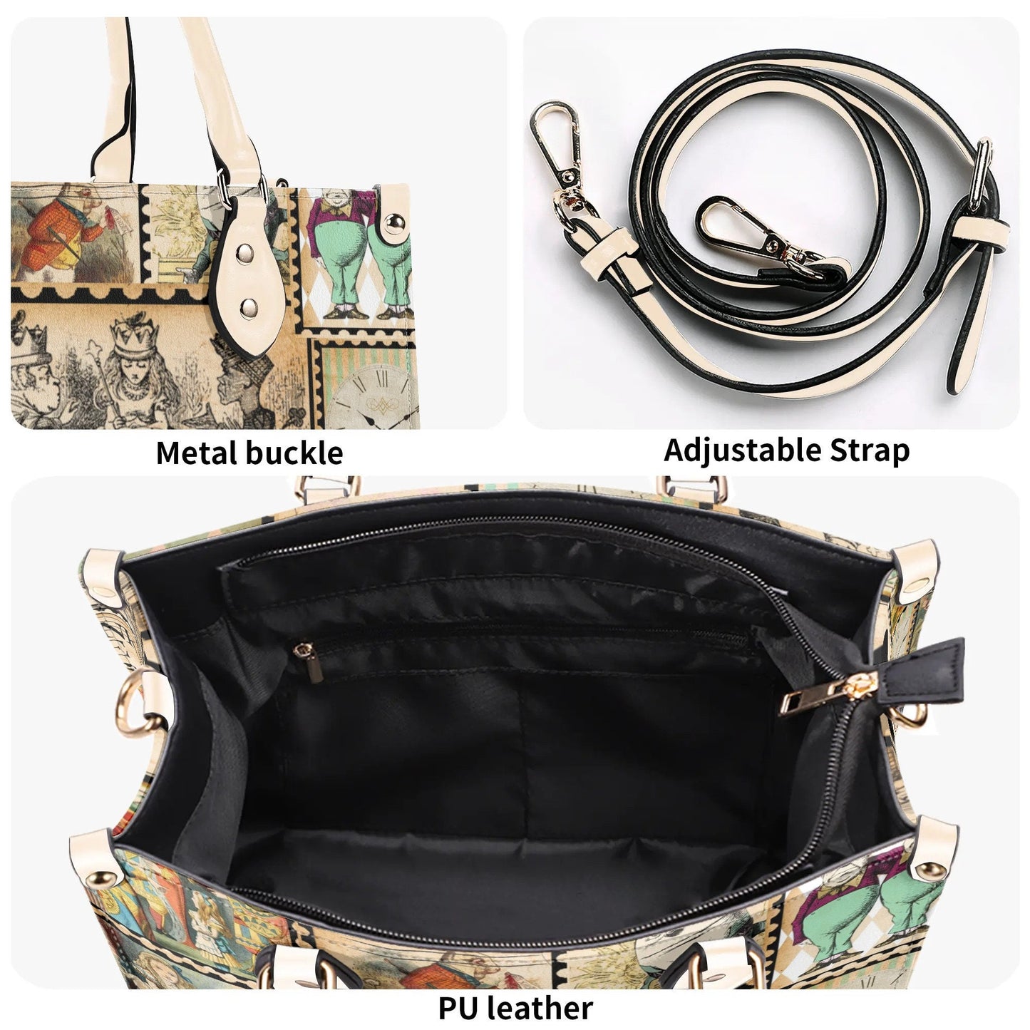 Alice in Wonderland Vintage Stamp Handbag. Womans leather purse. Vintage handbag. Gift for her, Gift for Friend. Leather handbag.