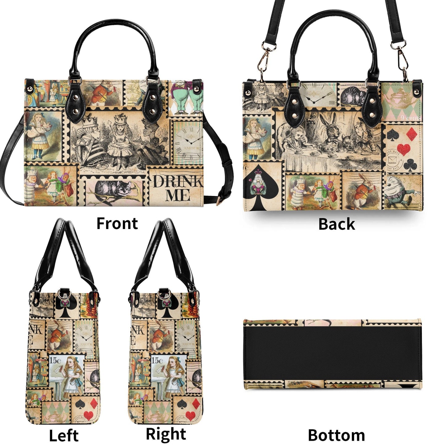 Alice in Wonderland Vintage Stamp Handbag. Womans leather purse. Vintage handbag. Gift for her, Gift for Friend. Leather handbag.