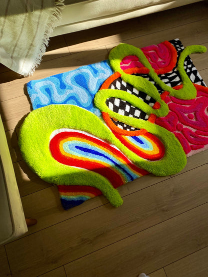 3D 'Alice' Fluffy Checkered Rainbow Handmade Tufted Rug