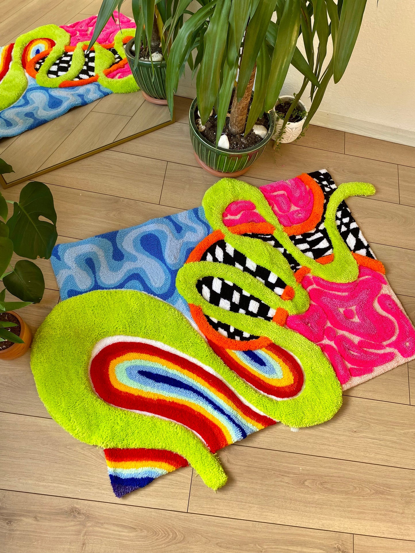 3D 'Alice' Fluffy Checkered Rainbow Handmade Tufted Rug