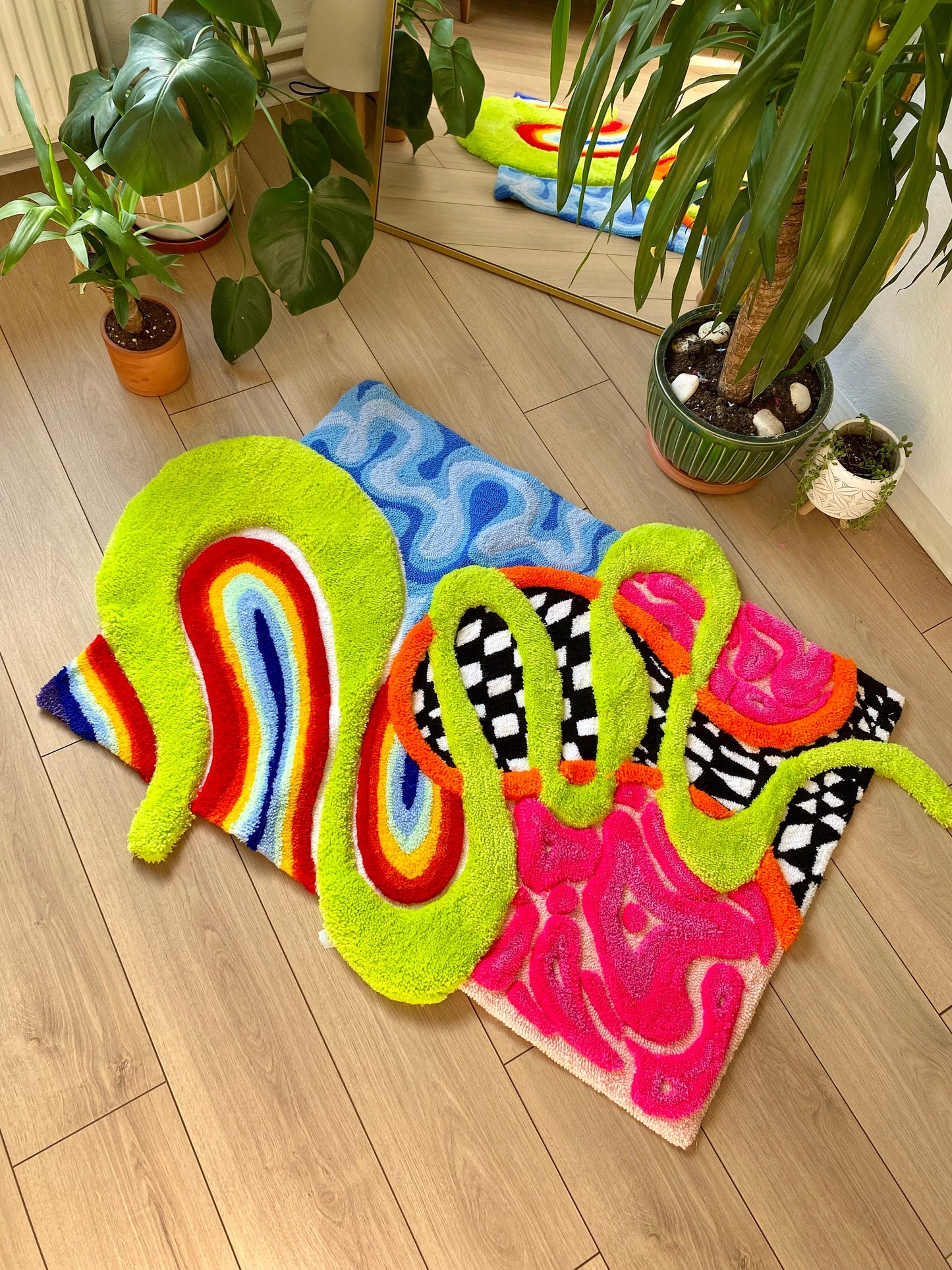 3D 'Alice' Fluffy Checkered Rainbow Handmade Tufted Rug