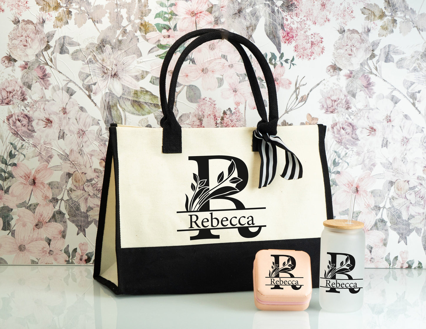 Floral Initial with Name Gift Set, Personalized Bridesmaid Bulk Gifts, Custom Coworker Gifts, Wedding Guest Favors, Bachelorette Gift Sets