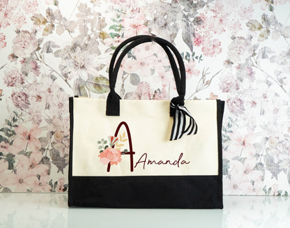 Colorful Initial and Name Gift Set, Canvas Name Tote, Personalized Frosted Glass Tumbler, Vegan Square Jewelry Box, Bridesmaid Gift Sets