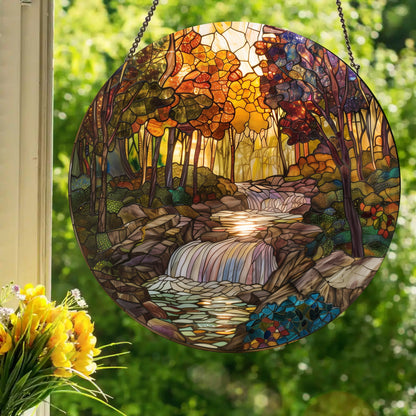 Autumn Waterfall: Stained Glass Style Window Hanging