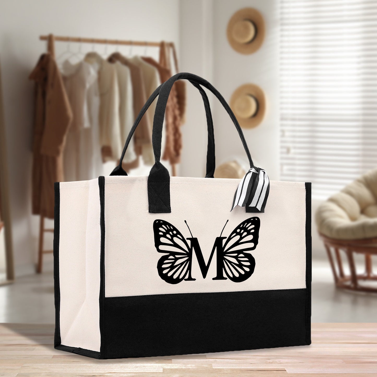Butterfly Monogram Beach Canvas Tote Bag Initial Tote Bag Letter Tote Bag Birthday Gift Personalized Beach Tote Bag (SWT1001)