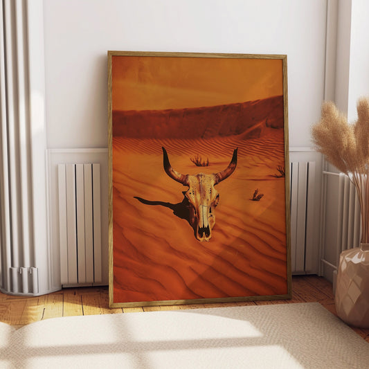 Vintage Cow Skull Western Art Print Retro Cowboy Cowgirl Art Southwestern Boho Art Sonoran Desert Arizona Print Terracotta Orange Sunset
