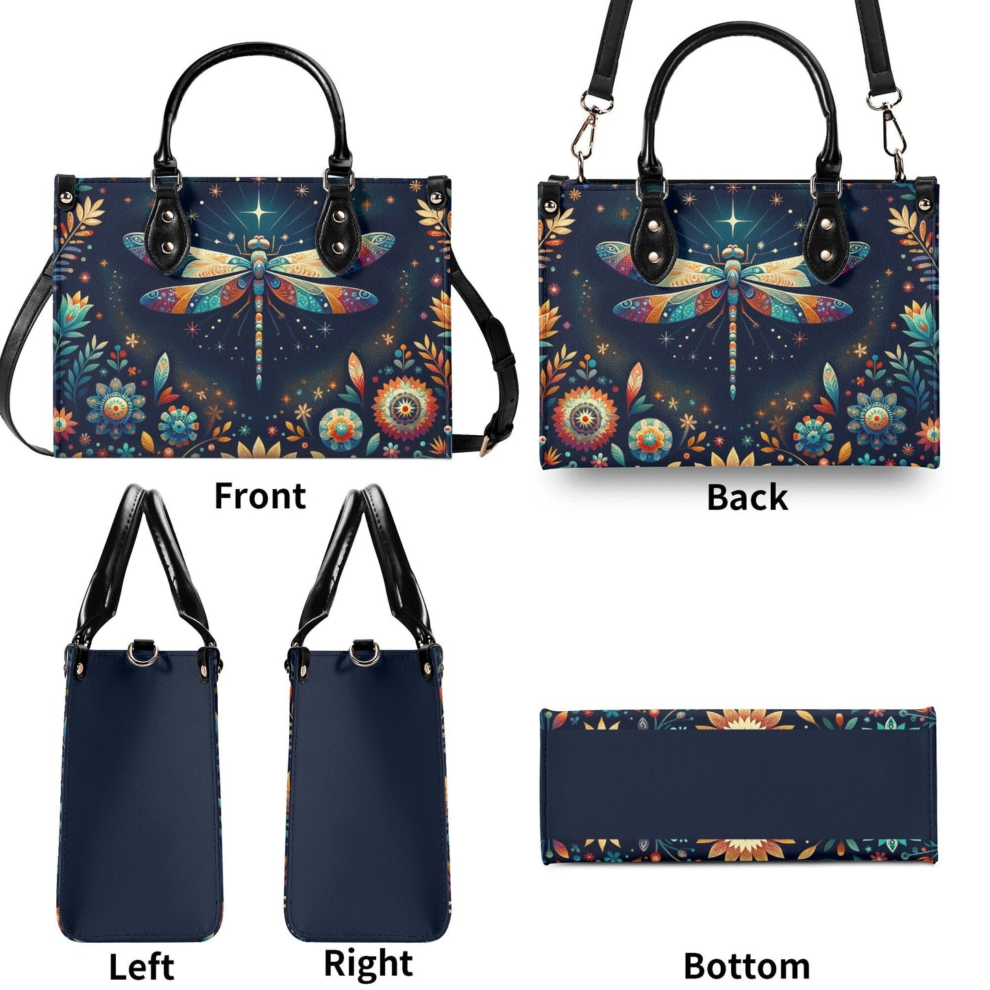 Celestial Dragonfly Tote Bag. Multi-pocket PU Leather Handbag. Square Vegan Leather Purse.  Crossbody Bag
