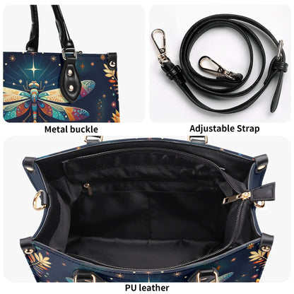 Celestial Dragonfly Tote Bag. Multi-pocket PU Leather Handbag. Square Vegan Leather Purse.  Crossbody Bag